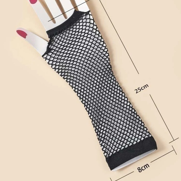 Black Fishnet Fingerless Gloves – 80s Goth Punk Costume or Rave Accessory - Picture 4 of 7